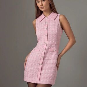 Pink tweed collared sleeveless mini dress